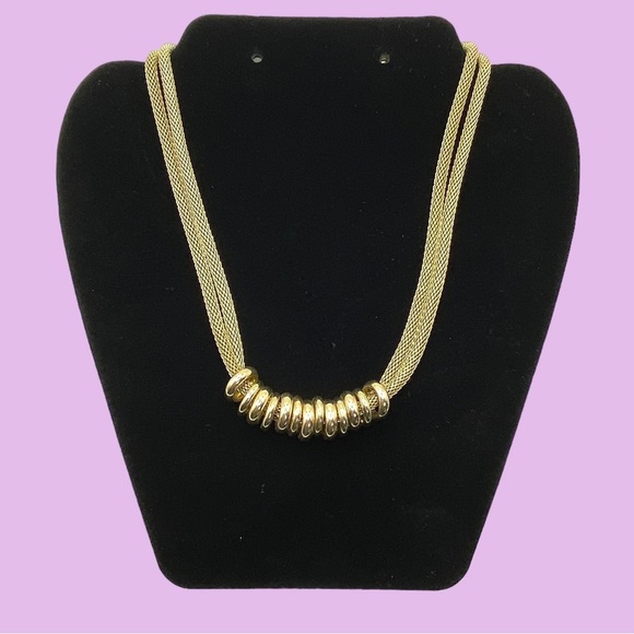 Mesh Chain With Gold Rings Double Strand Statement Necklace - Picture 3 of 9